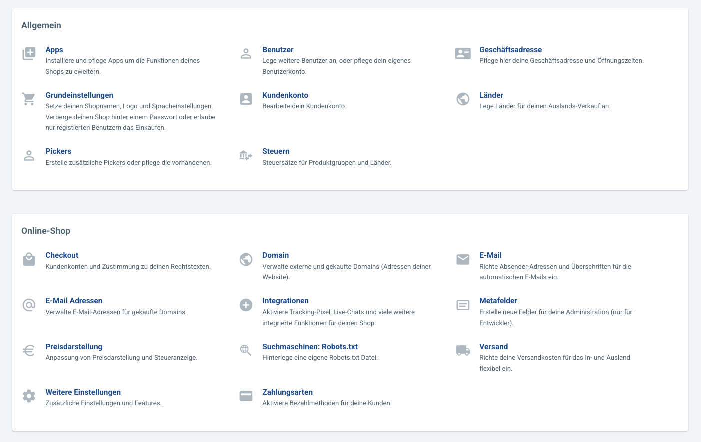 Übersicht Einstellungen