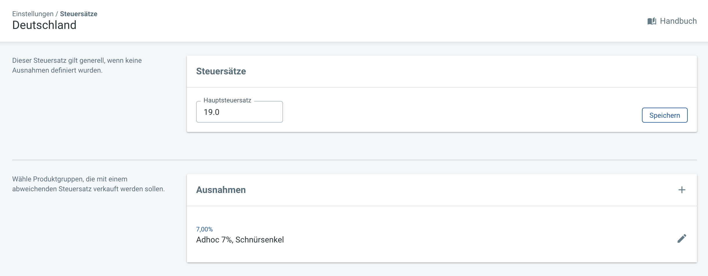 Screenshot zur Einrichtung des zweiten Steuersatzes, zwei Produktgruppen gleicher Steuersatz
